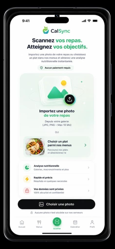 Écran scanner CalSync — importer une photo ou choisir un plat